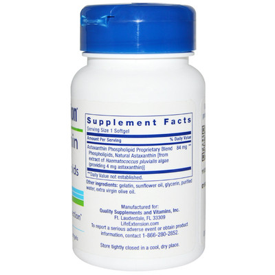 美国Life Extension Astaxanthin 虾青素软胶囊含磷脂4mg30粒
