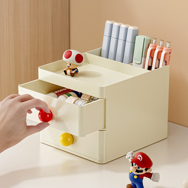 桌面收纳盒带抽屉多巴胺笔筒化妆品整理文具办公室架置物架杂物