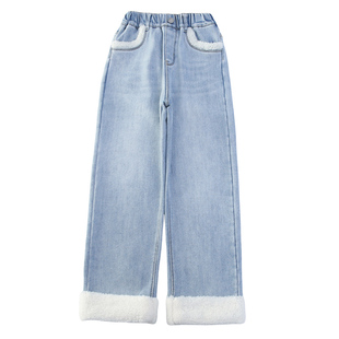 女童加绒裤子秋冬洋气烟管裤大童加厚一体绒直筒裤儿童冬季牛仔裤