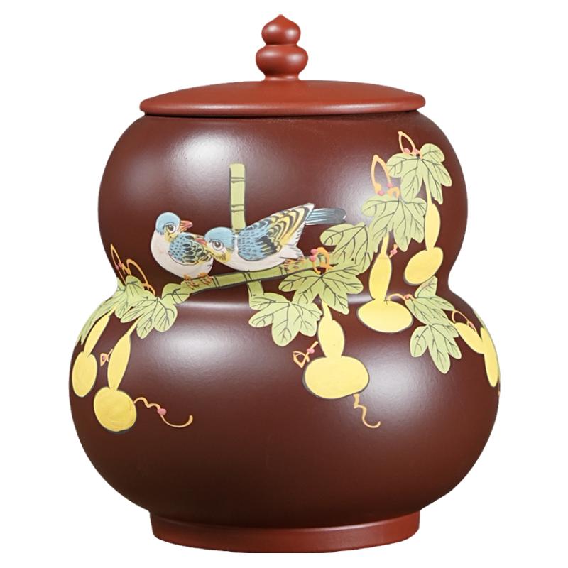 泥绘精品小葫芦茶叶罐紫砂中式