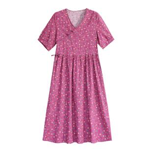 中老年女泡泡棉连衣裙夏季妈妈装大码修身短袖中长款绵绸碎花裙子
