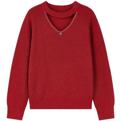 宽松V领毛针织衫女套头毛衣上衣