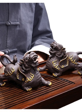 紫砂大号貔貅茶宠描金摆件办公家居功夫茶具茶盘配件可养招财貔貅