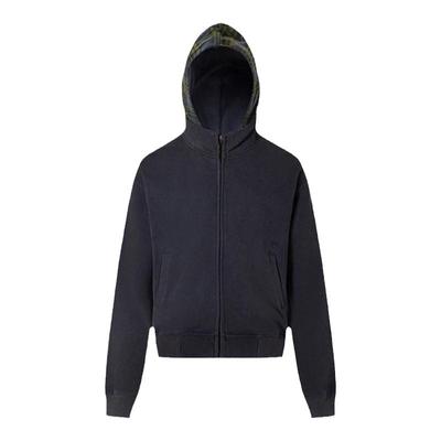 藏青色拼接格纹连帽卫衣