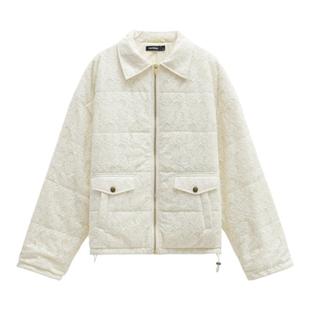 【定制提花蕾丝】Unvesno(UN) 白色浪漫肌理镂空翻领羽绒棉服外套