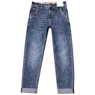 斜插裤兜斜纹牛仔裤男春季印花蓝色修身小脚九分裤夏季薄款古士狼