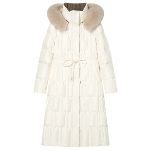 Goodland美地白色狐狸毛领连帽羽绒服女长款鸭绒LC34508120