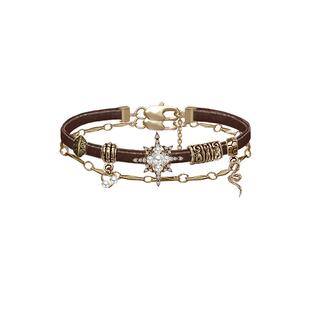 MASW麻秀原创设计怀旧复古美拉德风星芒锆石手链叠戴古着皮质手饰