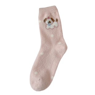 粉色澳绒袜子女加厚款秋冬季保暖中筒居家堆堆袜子女可爱卡通小狗