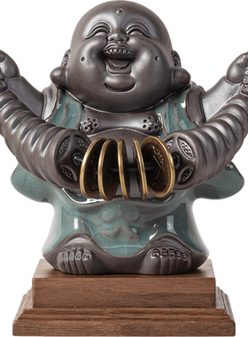 中式陶瓷哥窑招财弥勒佛摆件