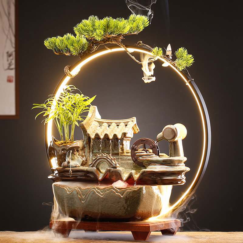 流水摆件新中式招财水车造景客厅办公室桌面创意乔迁新居开业礼品