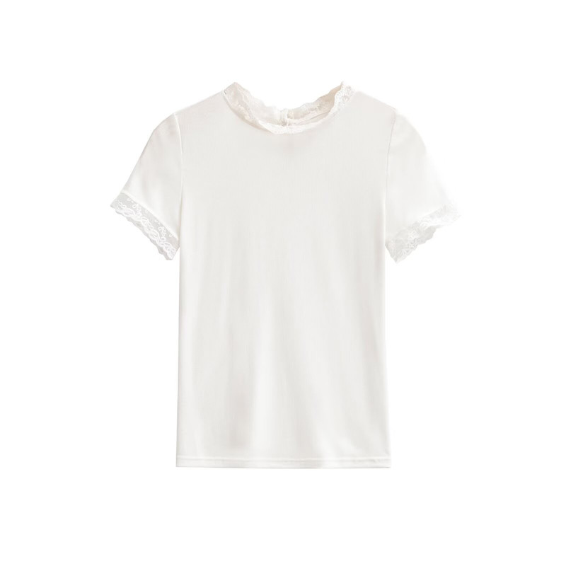 KEYANKETIAN 26079 白色短袖T恤女蕾丝花边气质显瘦正肩短上衣tee