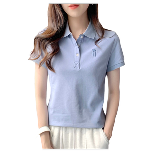 纯棉正肩短袖t恤女 夏季休闲运动大码显瘦翻领polo衫半袖上衣定制