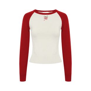 Kroche Geek chic 双蝴蝶十字绣 羊毛混纺新年红撞色插肩袖针织衫