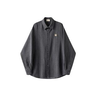 威廉福克斯复古条纹长袖混纺衬衫男士提花休闲宽松刺绣潮流衬衣男