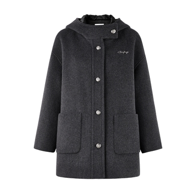 秋水伊人连帽领口毛呢外套女