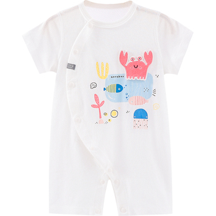 Aengbay婴儿夏装男女宝宝连体衣纯棉短袖睡衣爬服薄款新生儿衣服