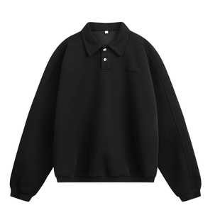 男士黑色翻领卫衣男秋季美式慵懒chic长袖上衣美式休闲polo衫男装