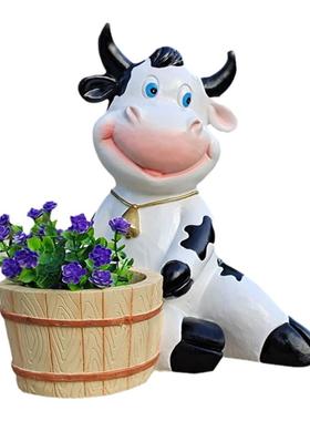 卡通风奶牛花缸幼儿园景观雕塑