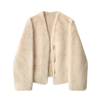 韩系仿水貂毛皮草外套女冬装显瘦牛角扣皮毛一体加厚减龄大衣棉衣