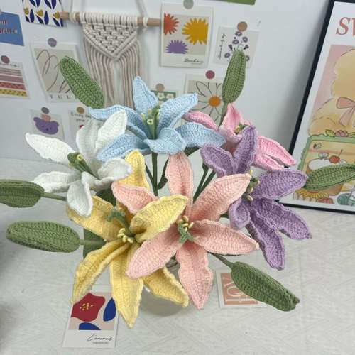 手工钩织跨境毛线花苞百合花批发成品摆件礼物花艺花束针织花装饰
