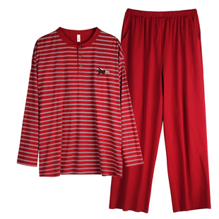 轩靓2026马年莫代尔棉睡衣女春秋条纹红色本命年可外穿家居服套装