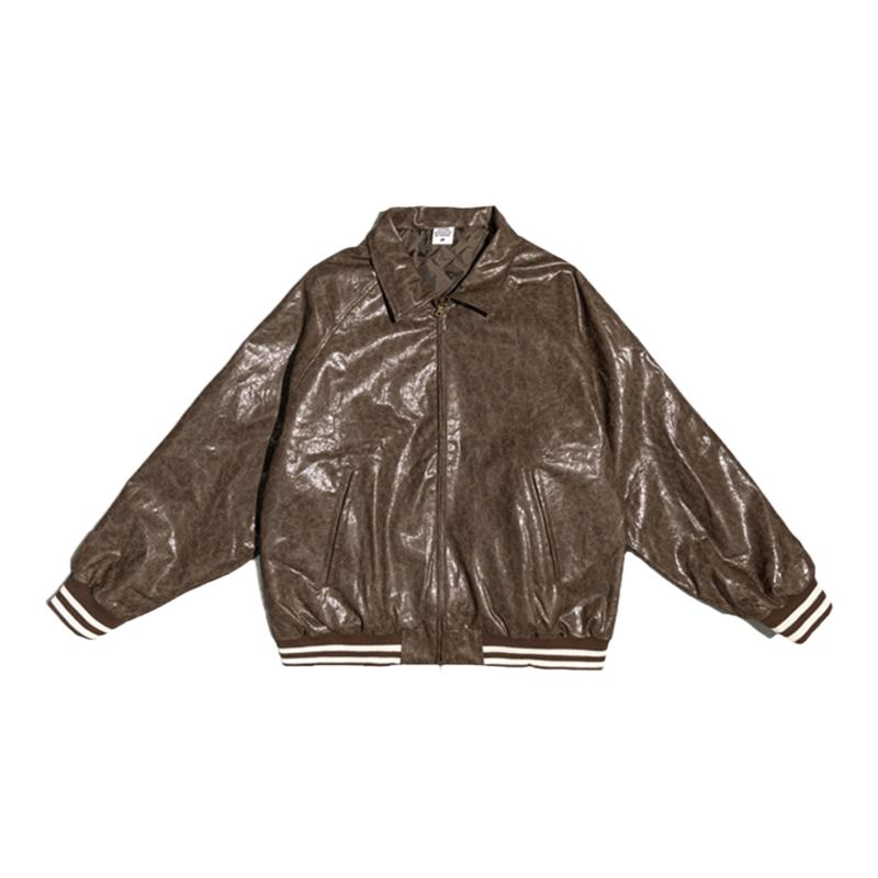 蜡感复古做旧洗水皮衣龟裂纹理夹棉翻领男装质感春秋冬夹克jacket