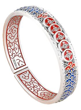 银千造 五帝钱 珐琅彩双龙银手镯新款开口实心银镯子传承男女镯子