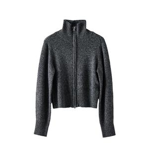 AS老钱风针织开衫女25冬季新款气质螺纹立领两穿显瘦长袖毛衣外套