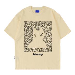 【WASSUP猫咪】美式白墨直喷透气T恤短袖男夏季宽松休闲圆领上衣