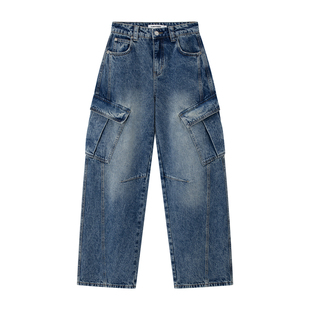 CLIMAX VISION复古深蓝水洗立体剪裁大口袋分割直筒工装牛仔裤