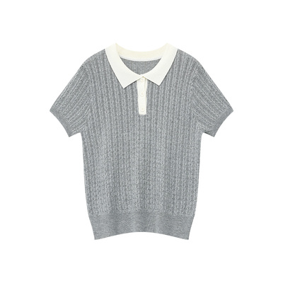 学院风翻领撞色灰色针织短袖T恤