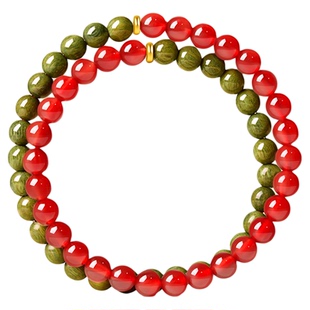庆祥泰绿檀木红玛瑙手串双圈收藏级手链男女款五行补木火情绪稳定