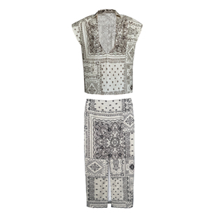 墨西哥亚麻印花休闲时髦夏季宽松深V短袖衬衫上衣包身长半裙套装