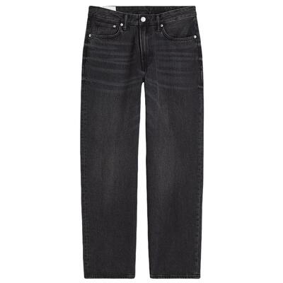 HM男装牛仔裤秋冬中腰阔腿加厚黑色棉质宽松直筒休闲裤0979945