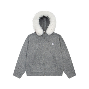 SREK高级感重磅毛领连帽开衫毛衣男女秋冬加厚宽松慵懒针织衫外套