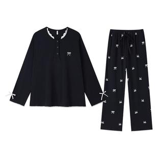 BE睡衣女春秋纯棉黑色长袖女士家居服夏季蝴蝶结2026新款套装秋冬