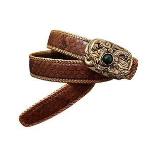 2025蟒蛇皮皮带商务男士个性玉石平滑扣裤腰带时尚手工编织复古潮