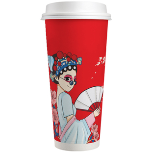 国潮奶茶纸杯一次性带盖奶茶杯500ml700圣诞新年红国潮热饮杯定制