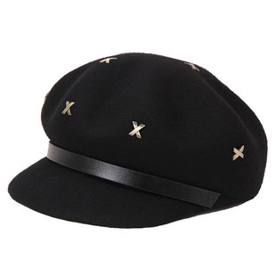 秋冬个性铆钉装饰羊毛呢八角帽女韩版时尚英伦鸭舌贝雷帽复古礼帽