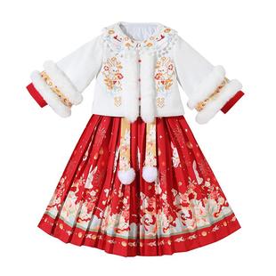 汉服女童冬季2025新款冬装连衣裙儿童新年装公主裙秋冬裙子拜年服
