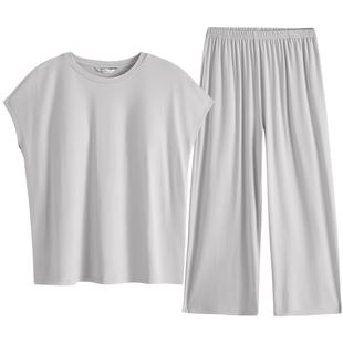 康妮雅睡衣胸垫一体女款半袖新款夏季短袖长裤简约妈妈家居服套装