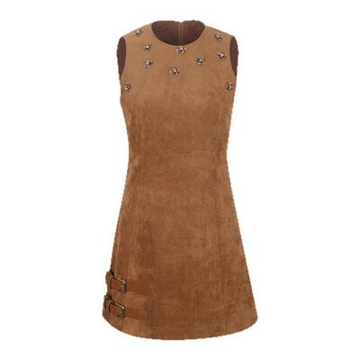 游牧风棕色麂皮绒无袖外搭背心裙