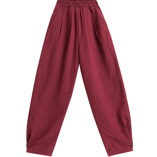 亚麻保暖棉裤女冬2025新款外穿夹棉加厚棉麻高腰萝卜裤宽松灯笼裤