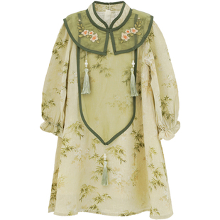 女童复古中国风连衣裙2025春季新款儿童长袖水墨画新中式旗袍裙子