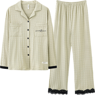 马克公主纯棉睡衣女春秋法式甜美千鸟格可外穿家居服长袖蕾丝套装