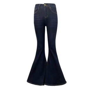 杨杨 深蓝色鱼尾大喇叭牛仔裤女春秋中高腰弹力紧身提臀拖地长裤