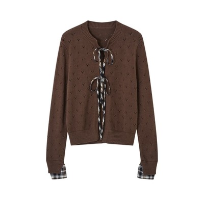 SOMESOWE 复古格纹系带开衫