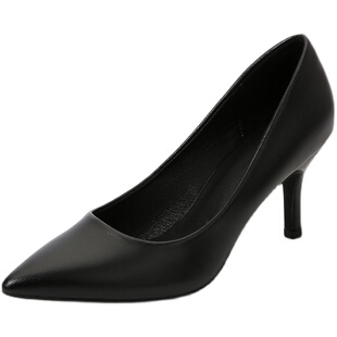 职业高跟鞋女黑色软底细跟尖头正装面试礼仪空乘不累脚工作鞋皮鞋