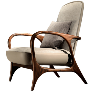 意式轻奢沙发单人椅北美黑胡桃木客厅椅子全实木真皮休闲椅高背椅